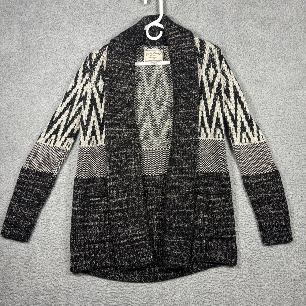 Lucky Brand Cardigan Women S Black Geometric Open Front Shawl Collar Wool Blend